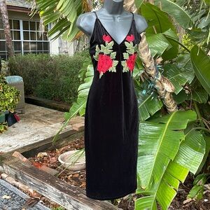 Black velvet velour slipdress with rose appliqué